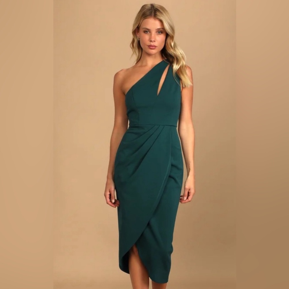 NWT Lulus So Flirty Hunter Green One-Shoulder Cutout Asymmetrical Dress,size M
